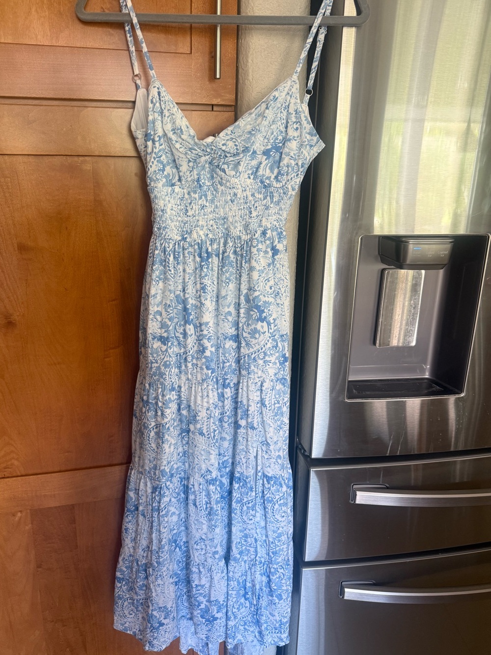 Hollister Blue Floral Smocked Maxi Dress tie back size small